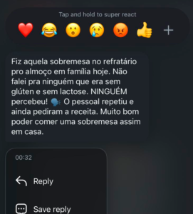 Depoimento de cliente sobre a receita sem lactose e sem glúten
